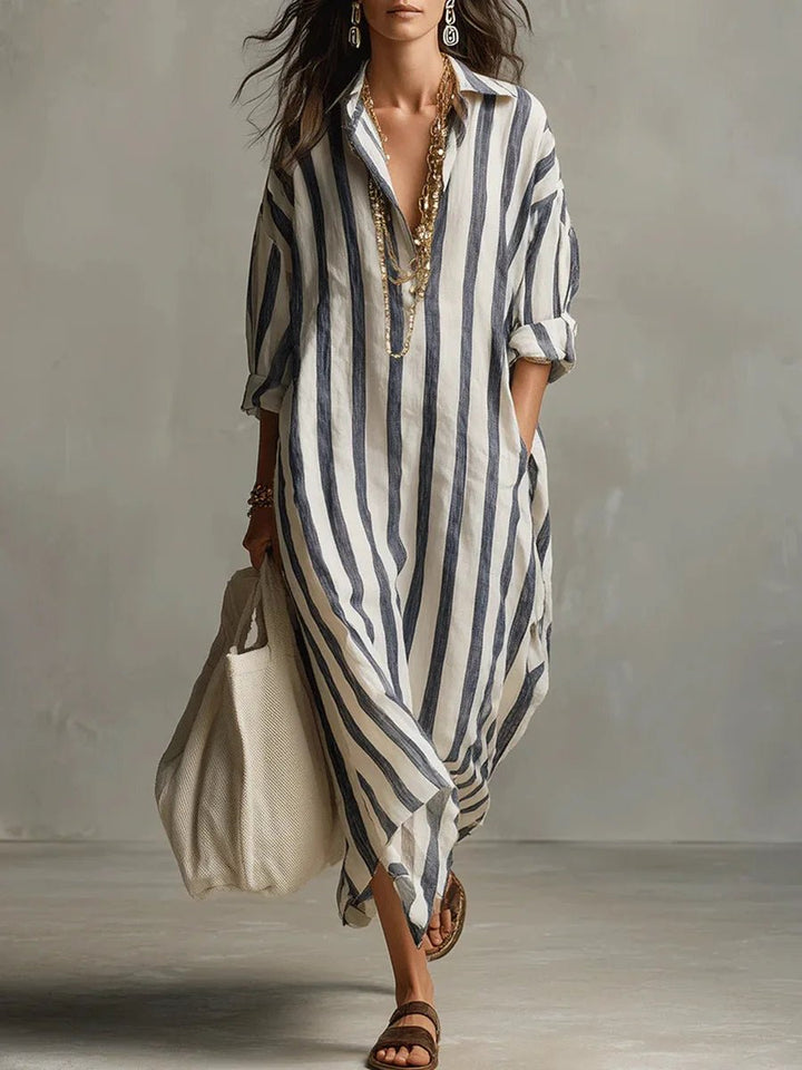 Ella | Relaxed Striped Collared Maxi Linen Dress