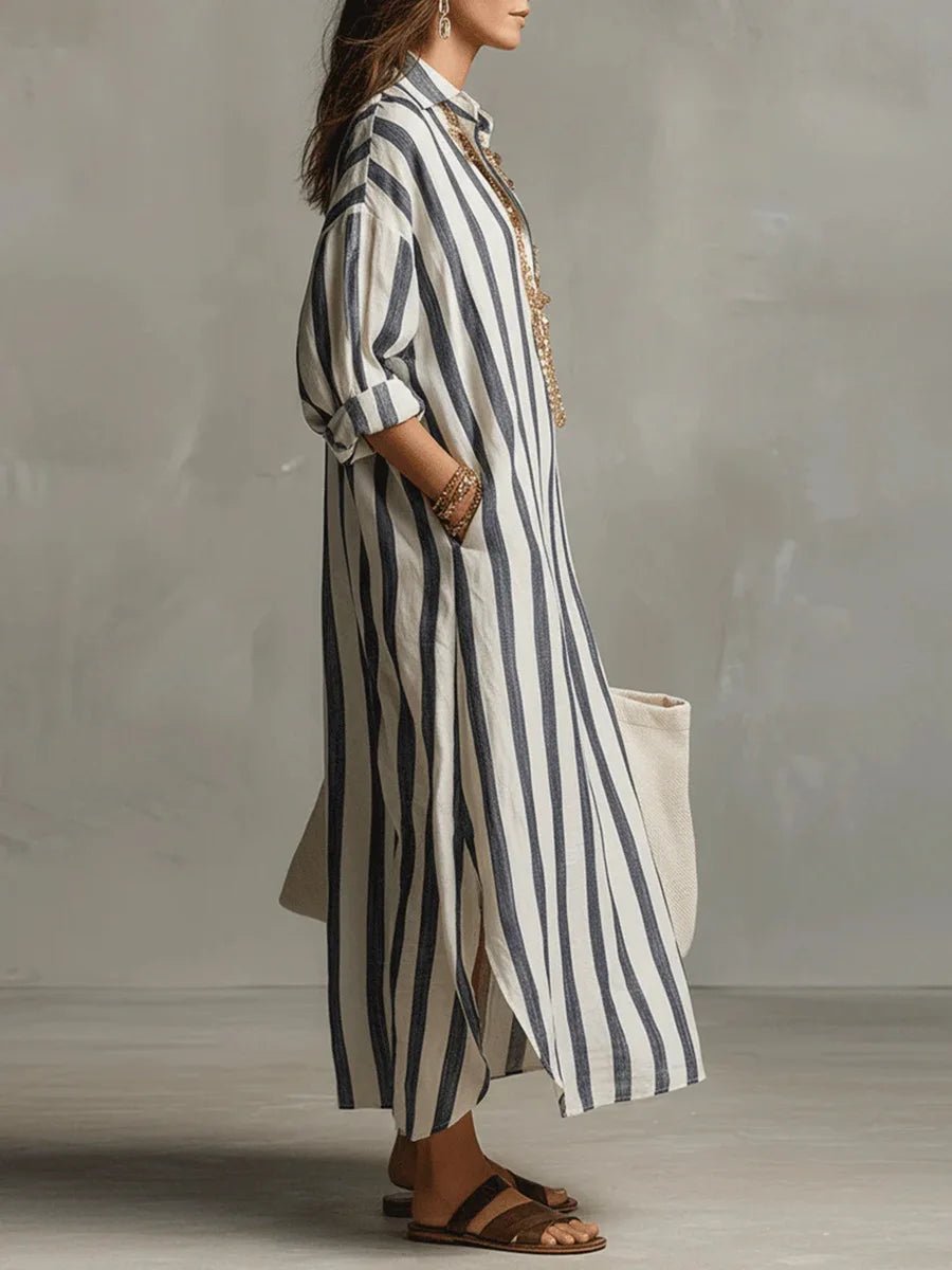 Ella | Relaxed Striped Collared Maxi Linen Dress