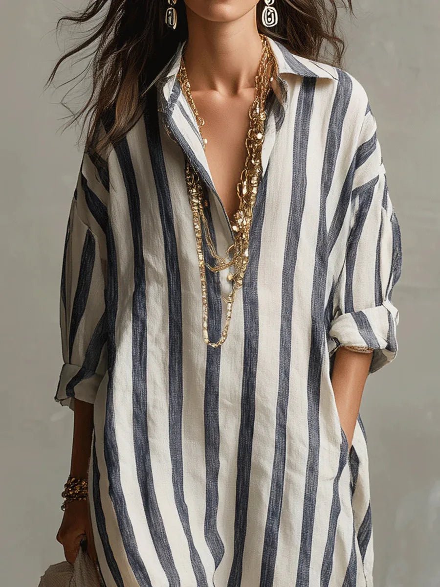 Ella | Relaxed Striped Collared Maxi Linen Dress