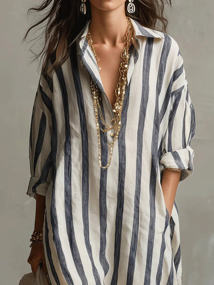 Ella | Relaxed Striped Collared Maxi Linen Dress