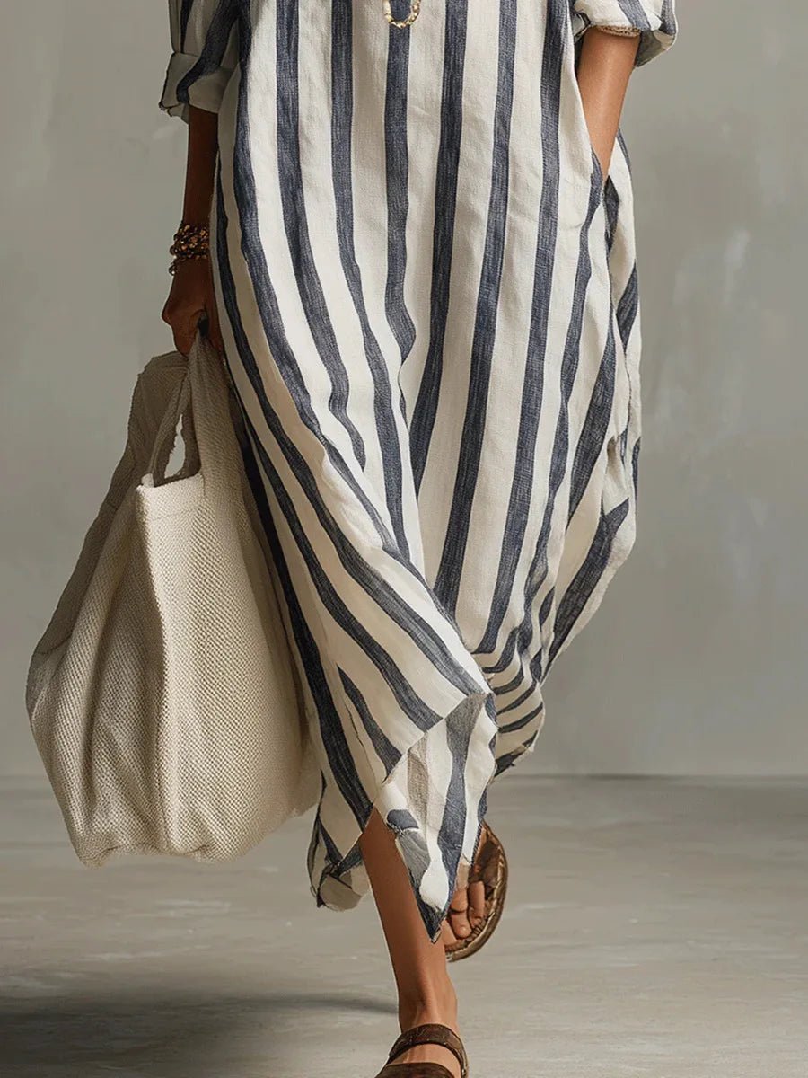 Ella | Relaxed Striped Collared Maxi Linen Dress