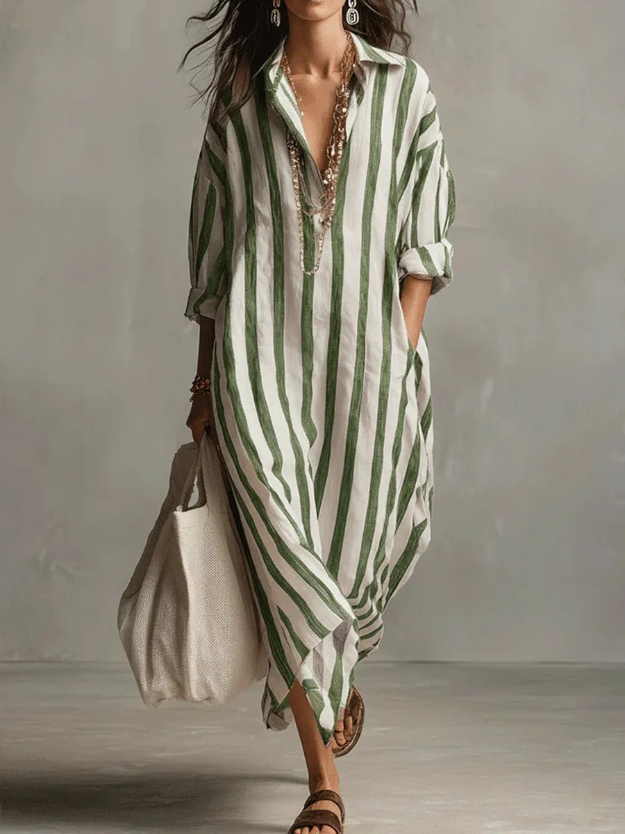 Ella | Relaxed Striped Collared Maxi Linen Dress
