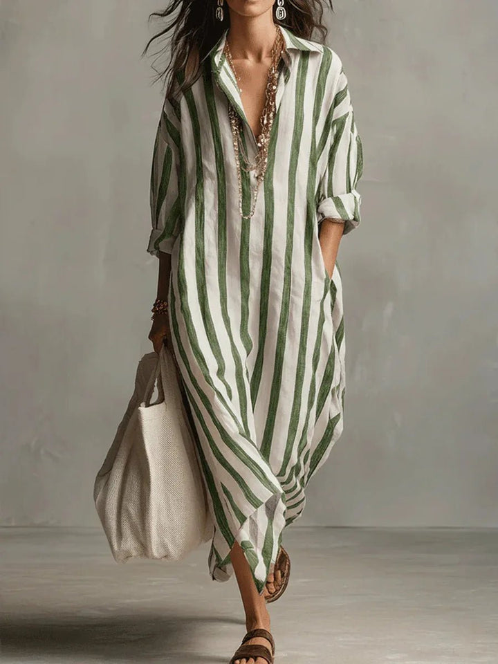 Ella | Relaxed Striped Collared Maxi Linen Dress