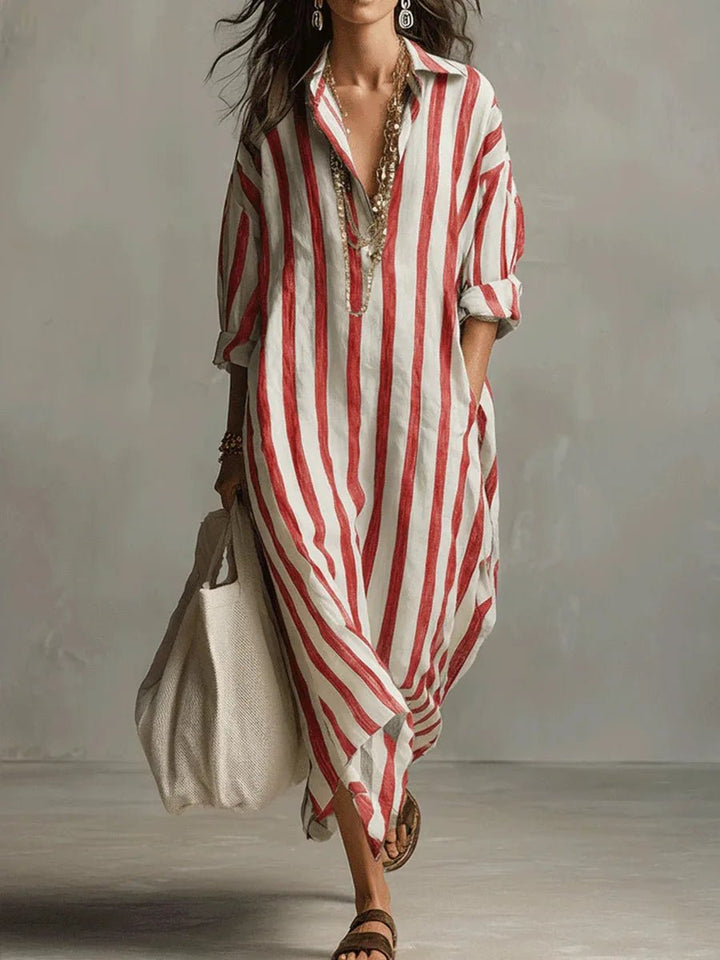 Ella | Relaxed Striped Collared Maxi Linen Dress