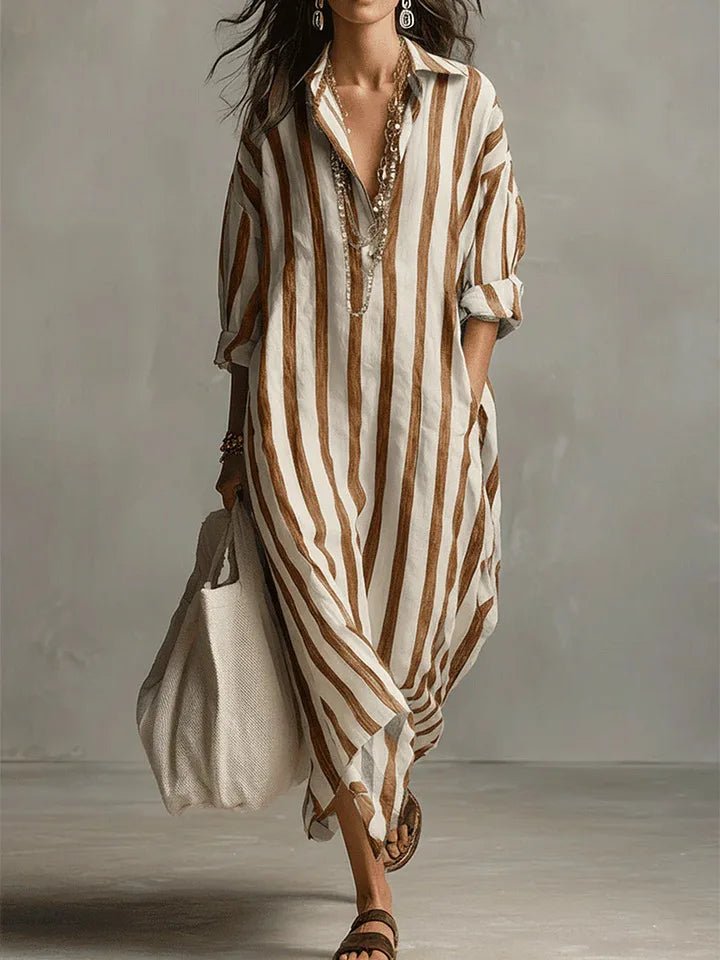 Ella | Relaxed Striped Collared Maxi Linen Dress