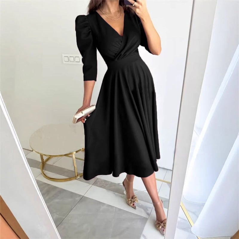 Ella | Stylish Wrap Midi Race Dress with Puff Sleeves
