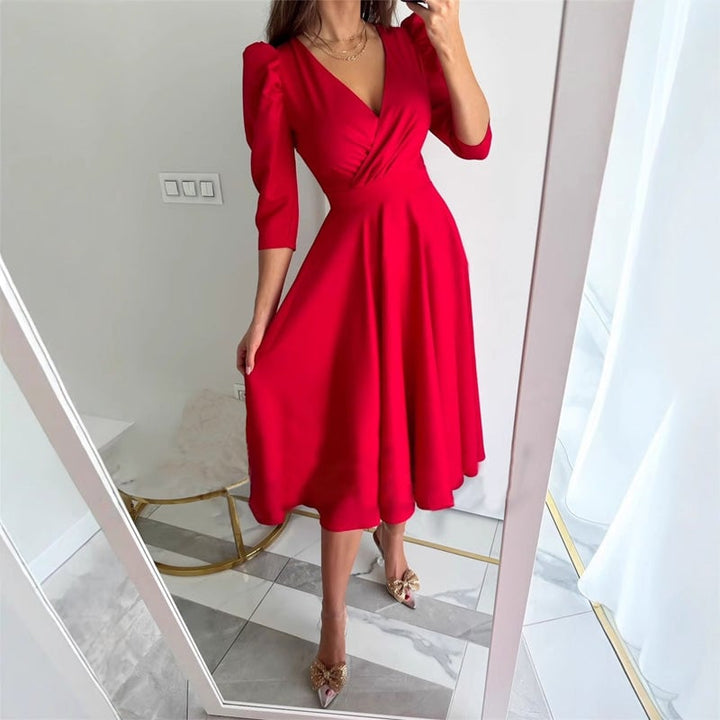Ella | Stylish Wrap Midi Race Dress with Puff Sleeves