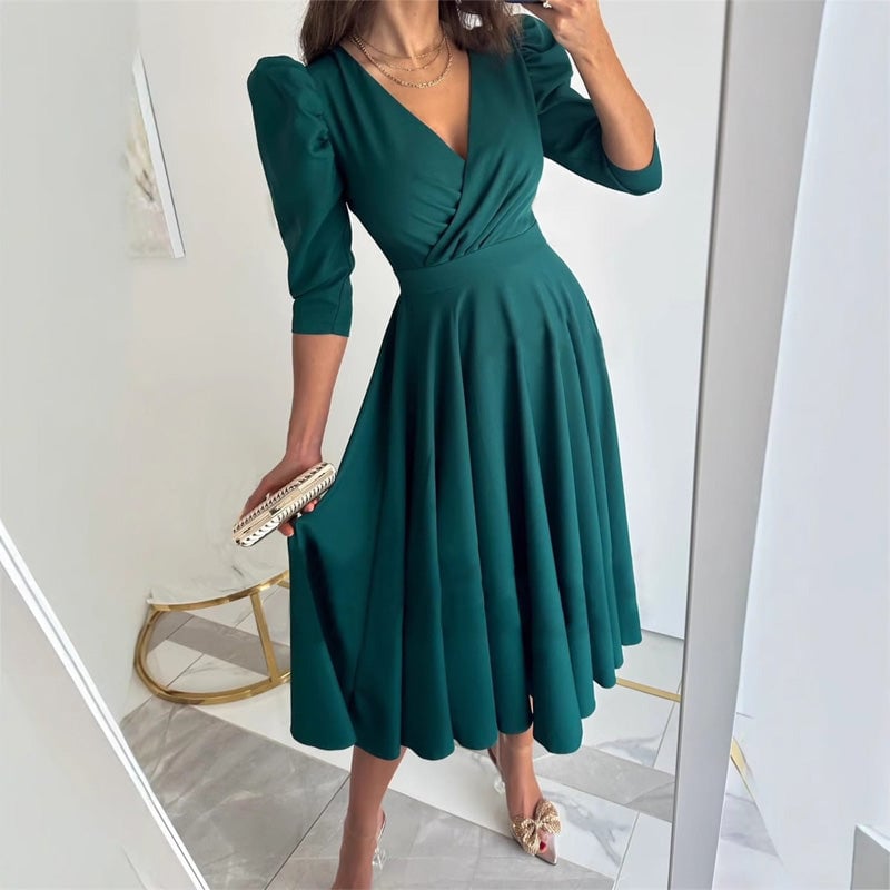 Ella | Stylish Wrap Midi Race Dress with Puff Sleeves