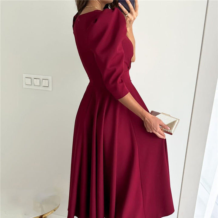 Ella | Stylish Wrap Midi Race Dress with Puff Sleeves