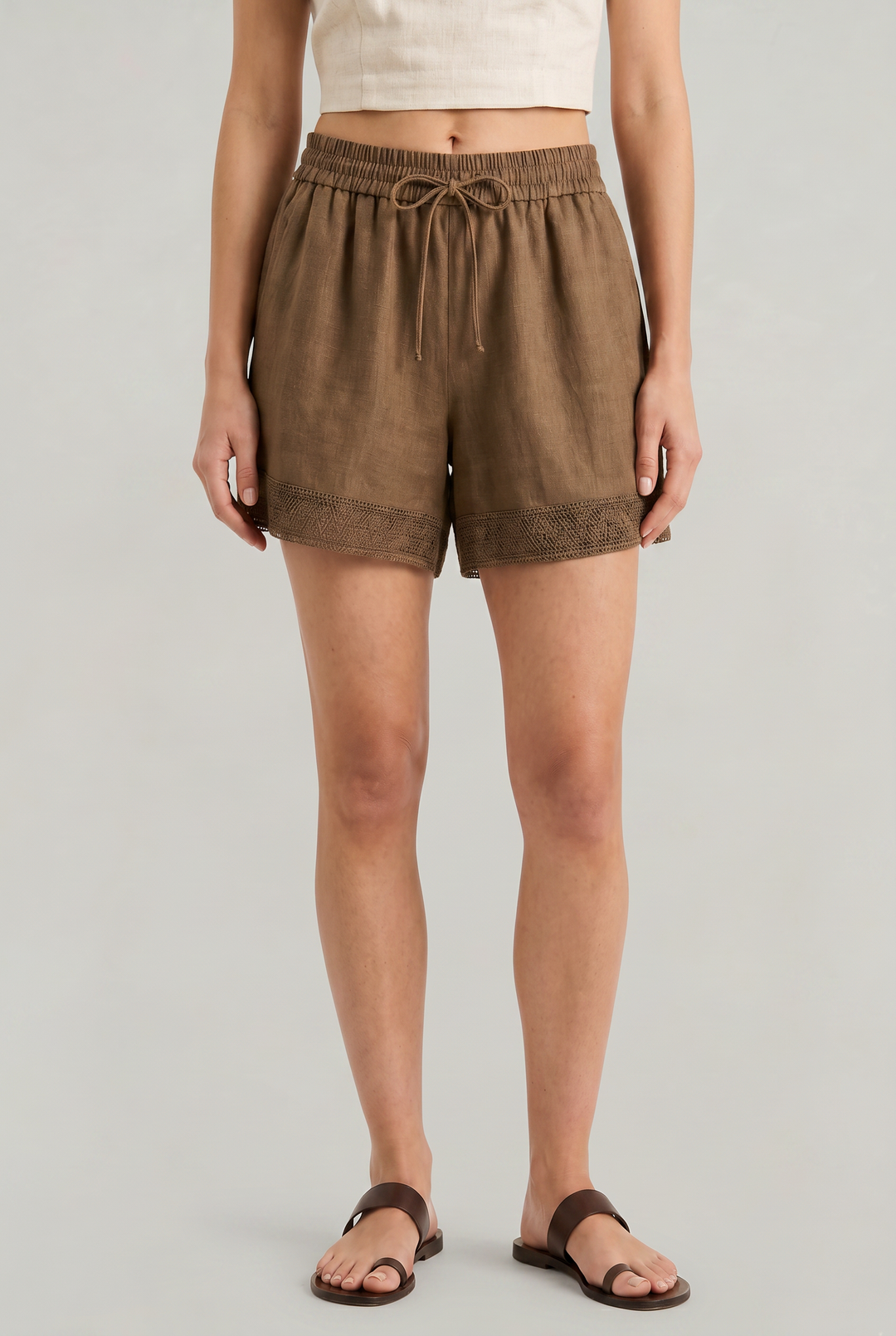 Ellie | Effortless Crochet Trim Drawstring Linen Shorts