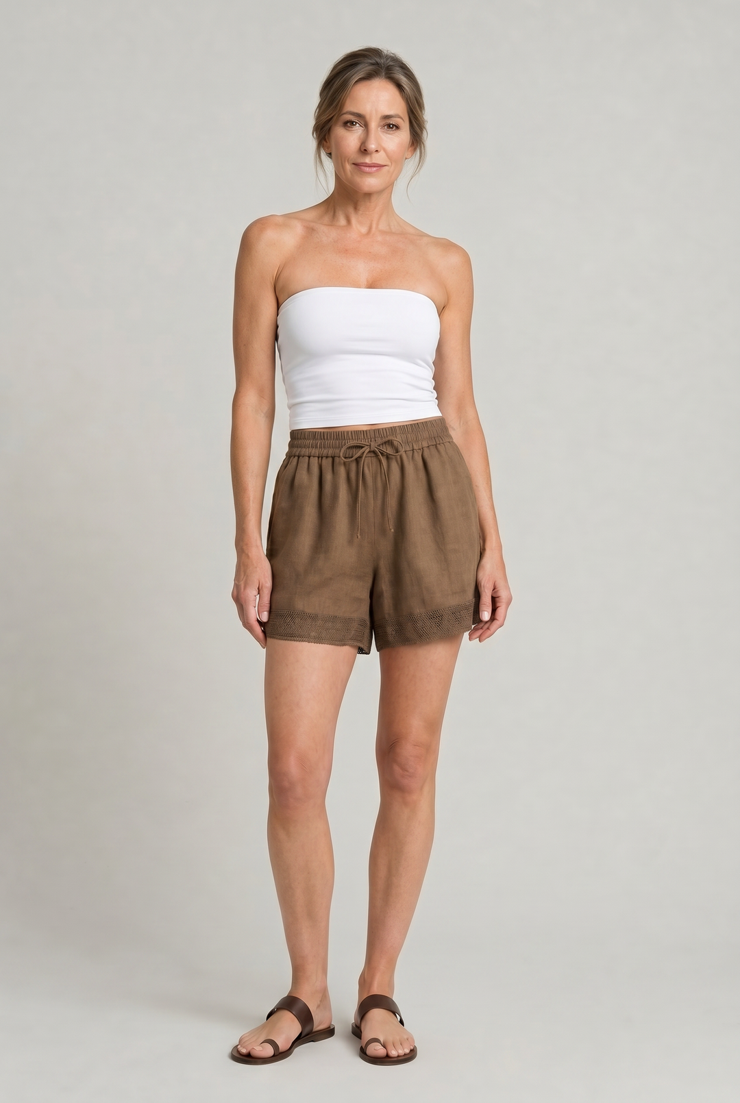 Ellie | Effortless Crochet Trim Drawstring Linen Shorts