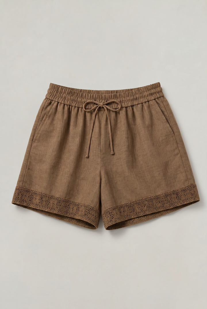 Ellie | Effortless Crochet Trim Drawstring Linen Shorts