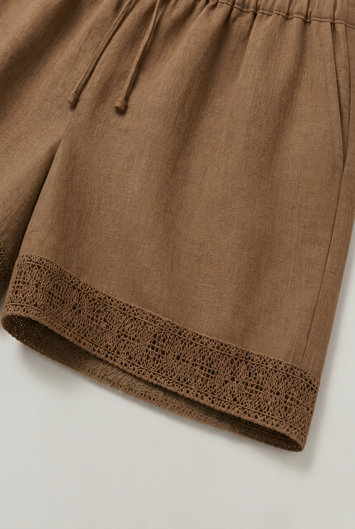 Ellie | Effortless Crochet Trim Drawstring Linen Shorts