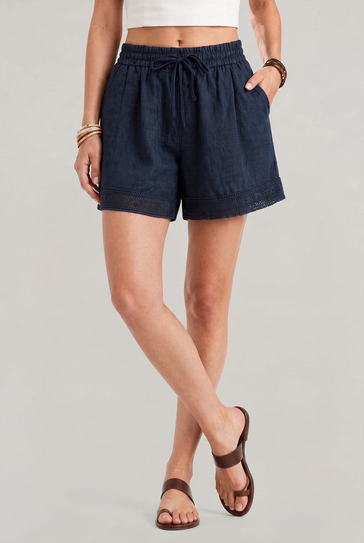 Ellie | Effortless Crochet Trim Drawstring Linen Shorts