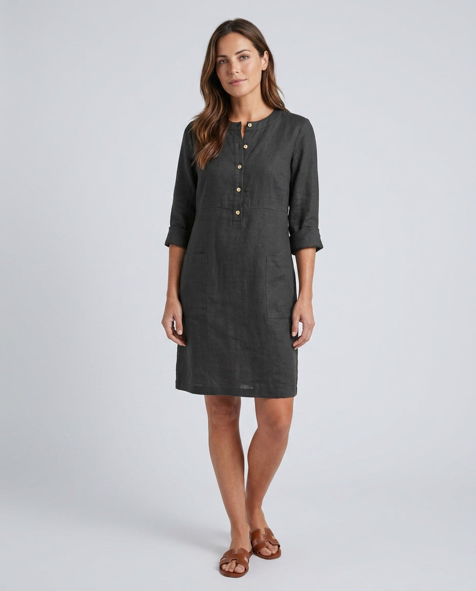 Ellie | Timeless Button-Front Three-Quarter Sleeve Midi Dress
