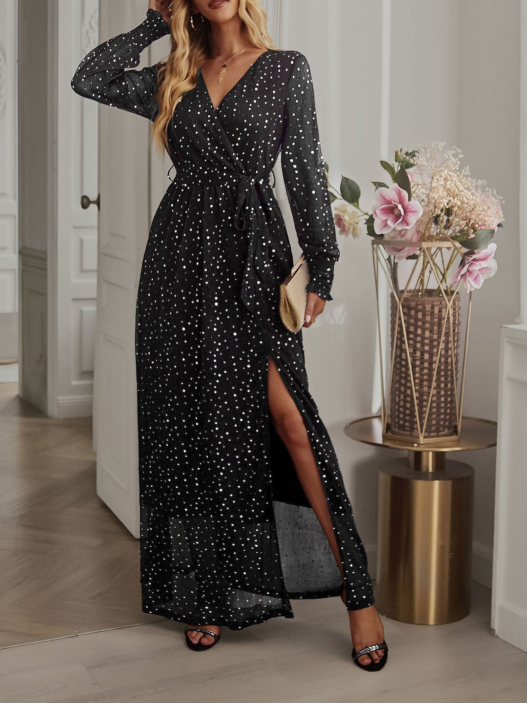 Elodie | Classic Sequin Wrap Race Dress with Side Slit