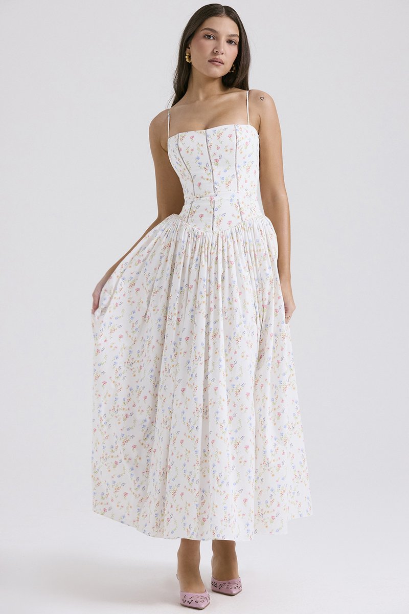 Eloise | Elegant Corset Bodice Flowy Midi Races Dresses