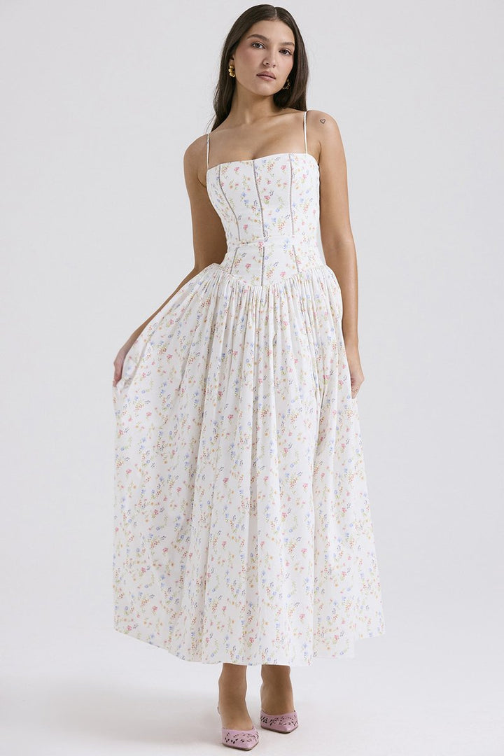 Eloise | Elegant Corset Bodice Flowy Midi Races Dresses