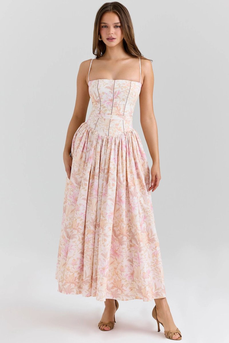 Eloise | Elegant Corset Bodice Flowy Midi Races Dresses