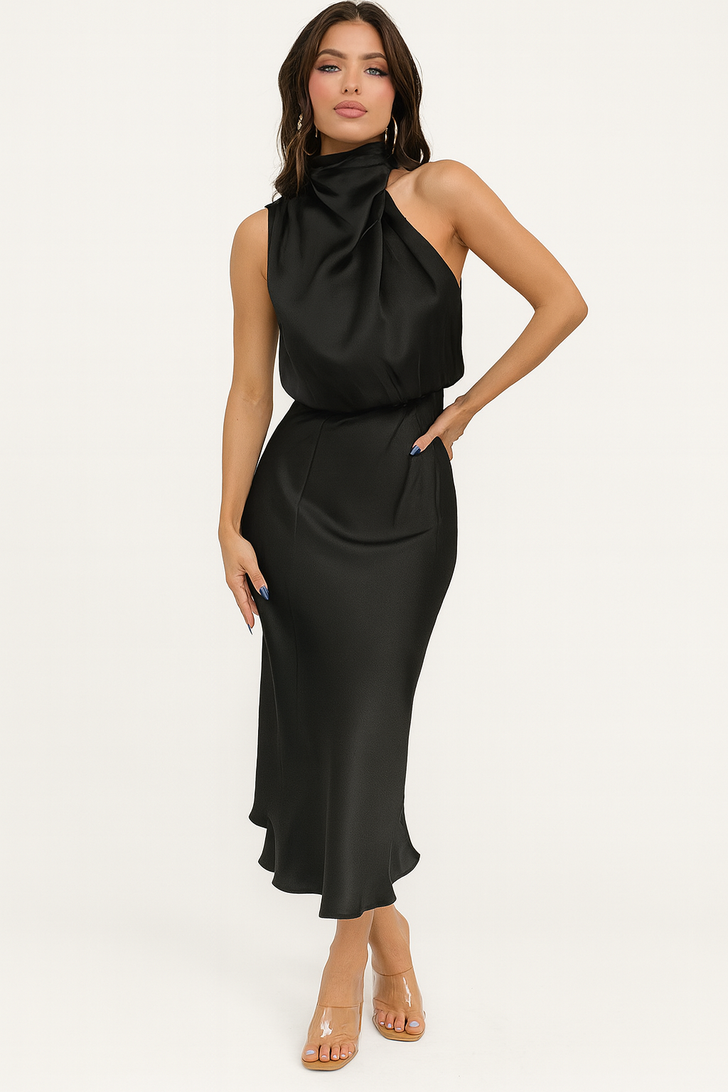 Eloise | Graceful Satin Halter Midi Race Dress