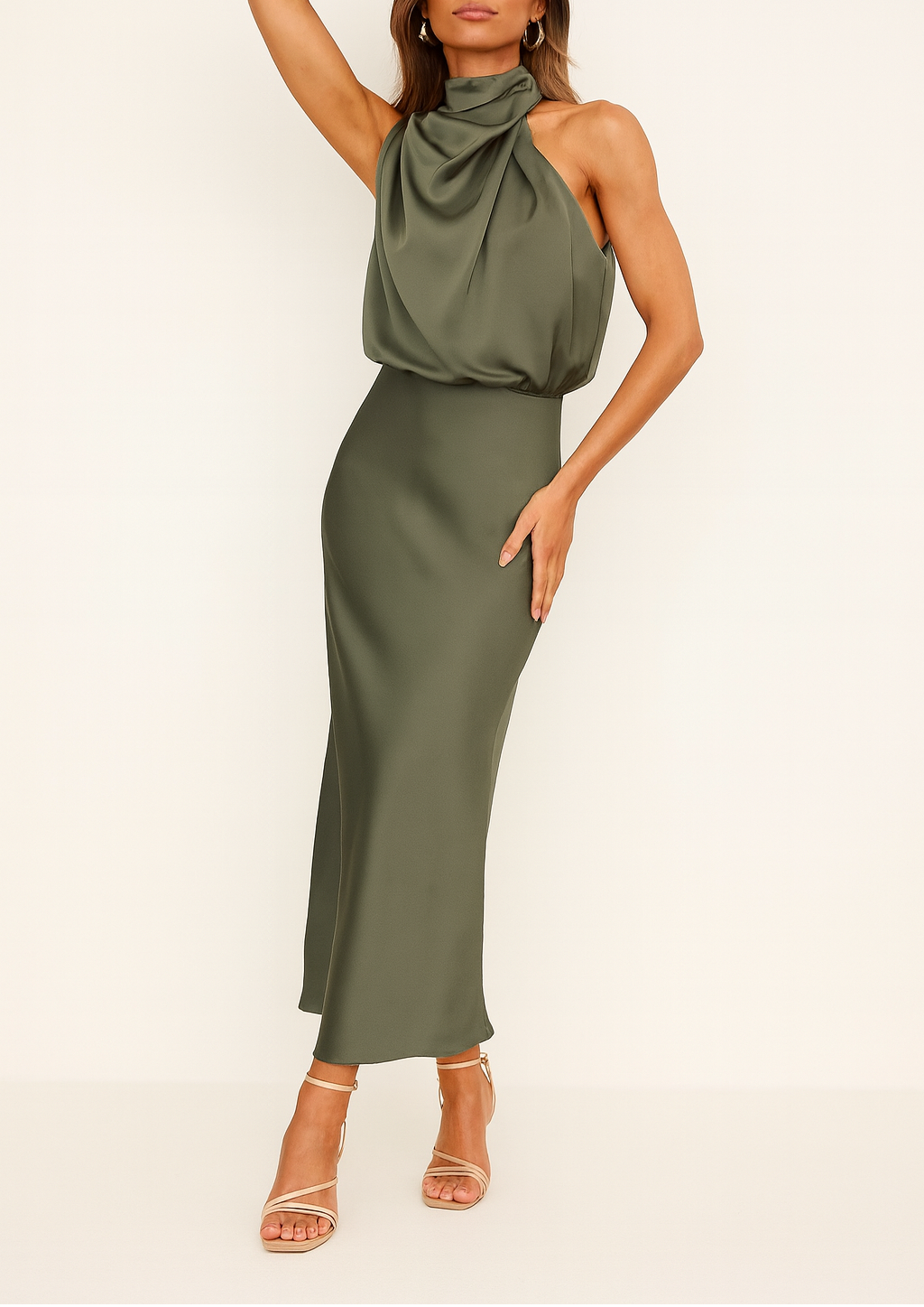 Eloise | Graceful Satin Halter Midi Race Dress