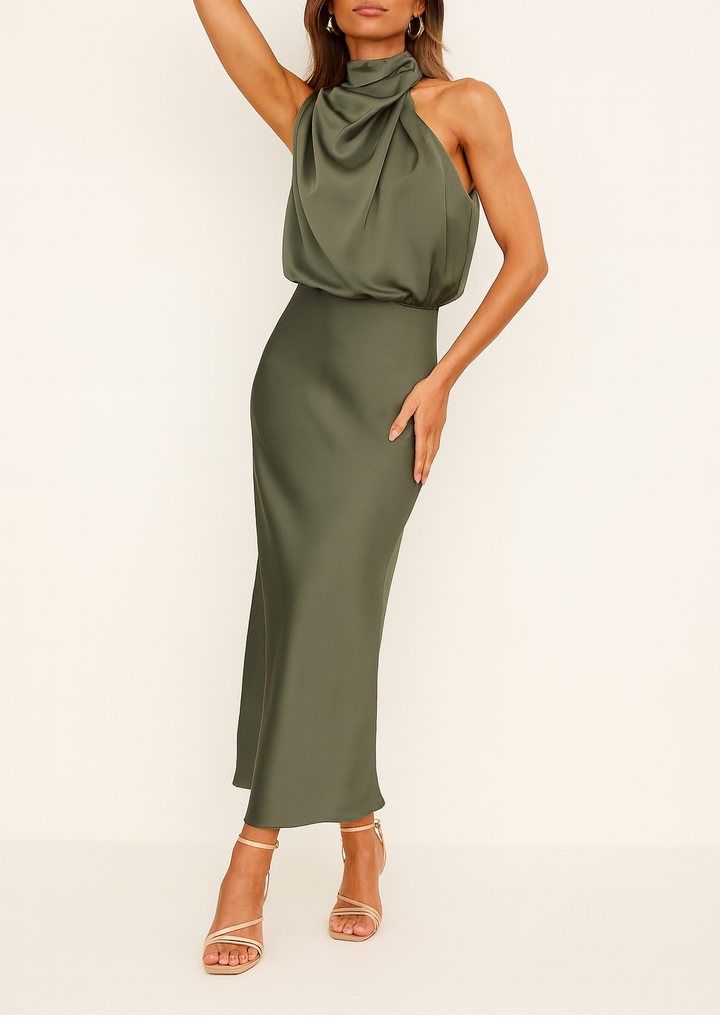 Eloise | Graceful Satin Halter Midi Race Dress