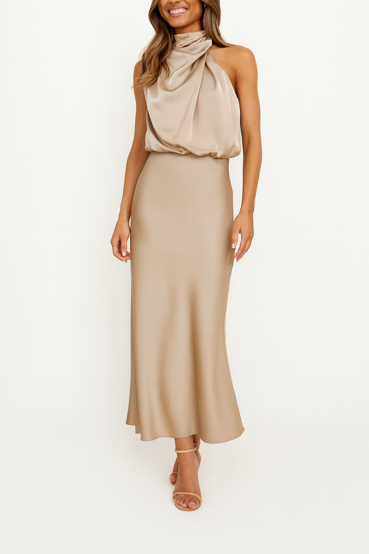 Eloise | Graceful Satin Halter Midi Race Dress