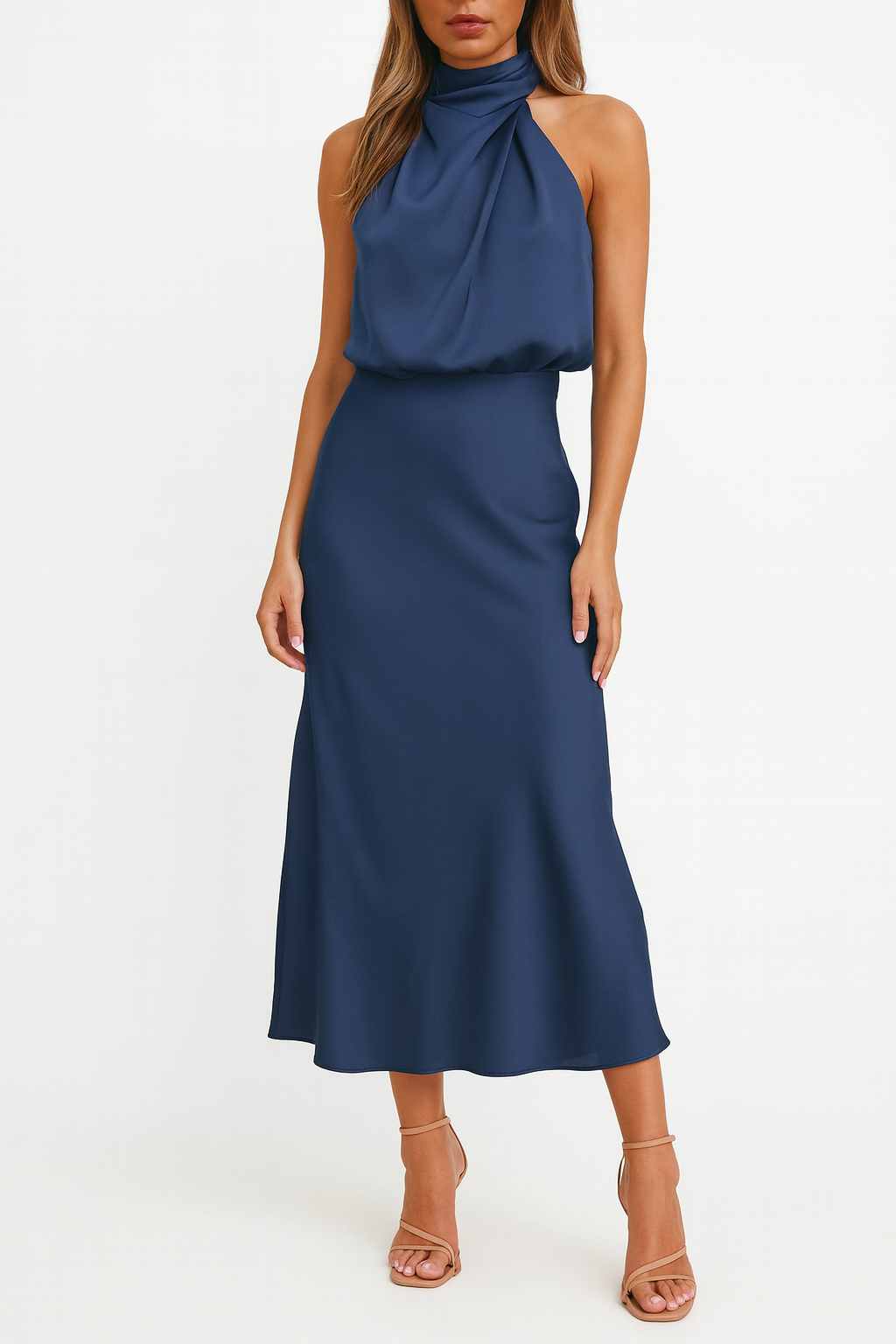 Eloise | Graceful Satin Halter Midi Race Dress