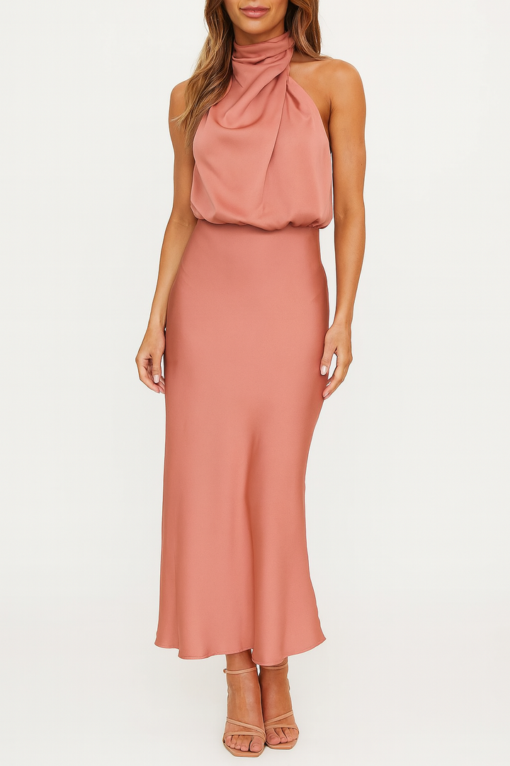Eloise | Graceful Satin Halter Midi Race Dress