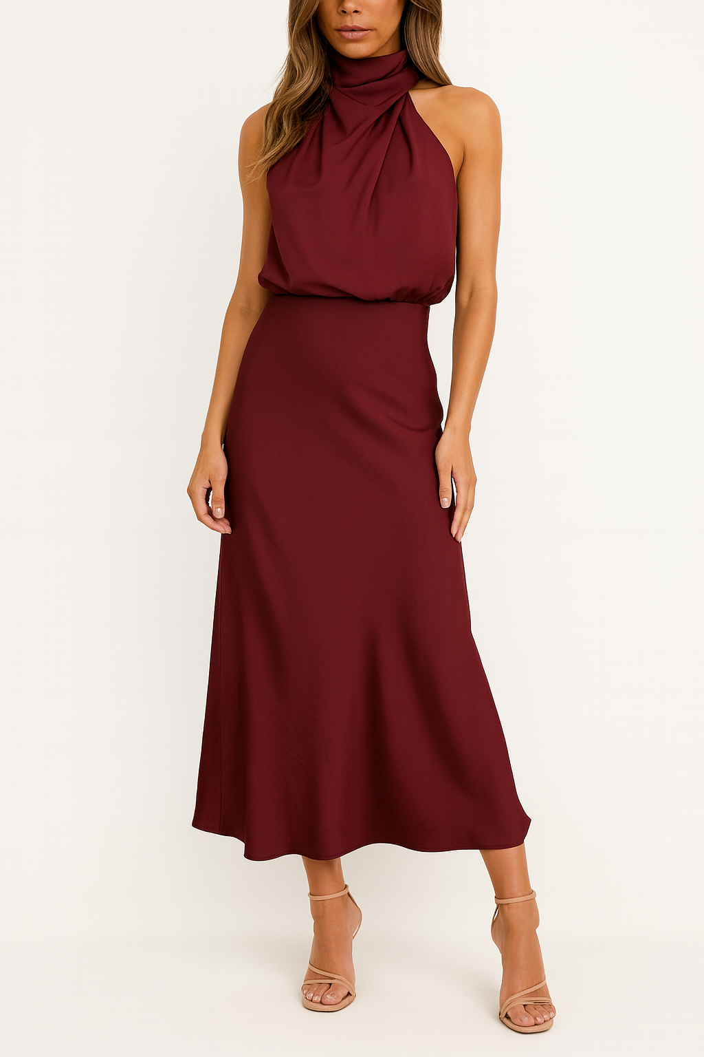 Eloise | Graceful Satin Halter Midi Race Dress