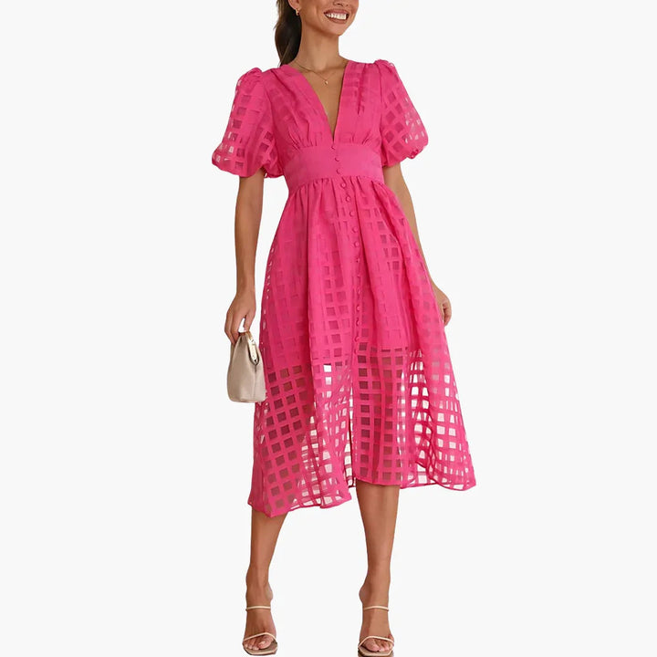 Elsie | Classic Puff Sleeve Grid Lace Midi Dress for Races Dresses