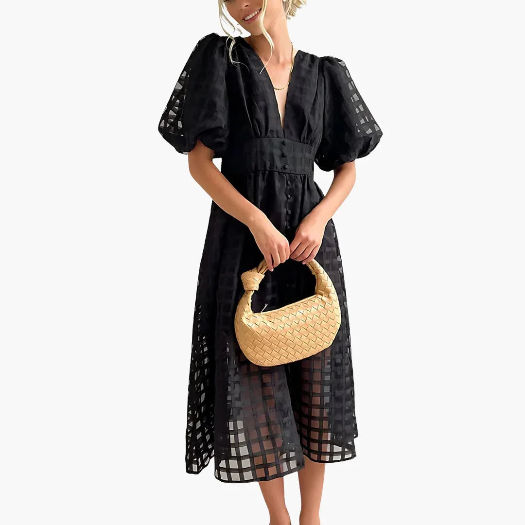 Elsie | Classic Puff Sleeve Grid Lace Midi Dress for Races Dresses