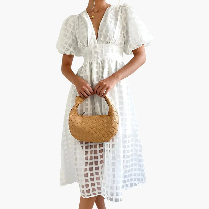 Elsie | Classic Puff Sleeve Grid Lace Midi Dress for Races Dresses