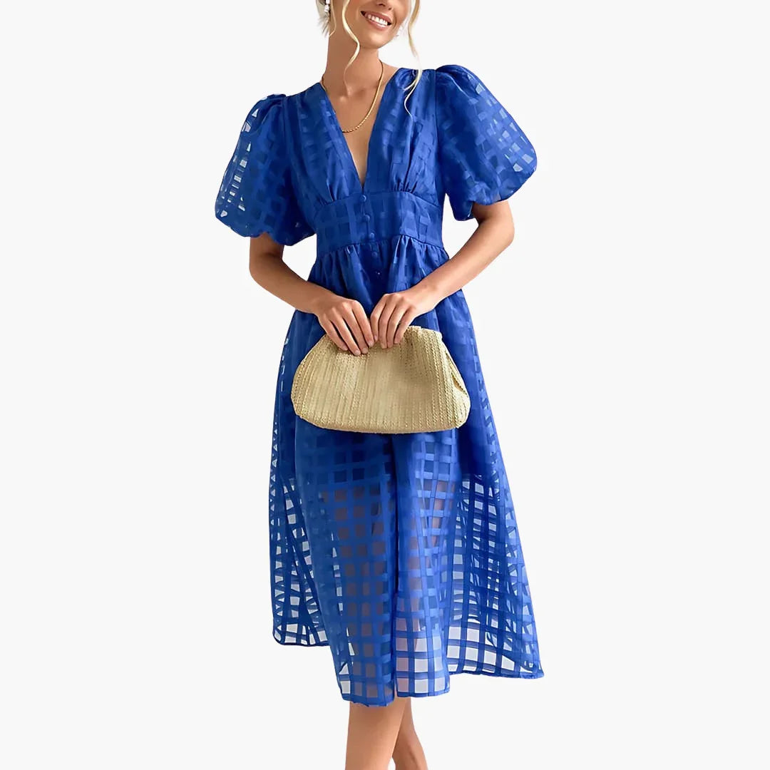 Elsie | Classic Puff Sleeve Grid Lace Midi Dress for Races Dresses