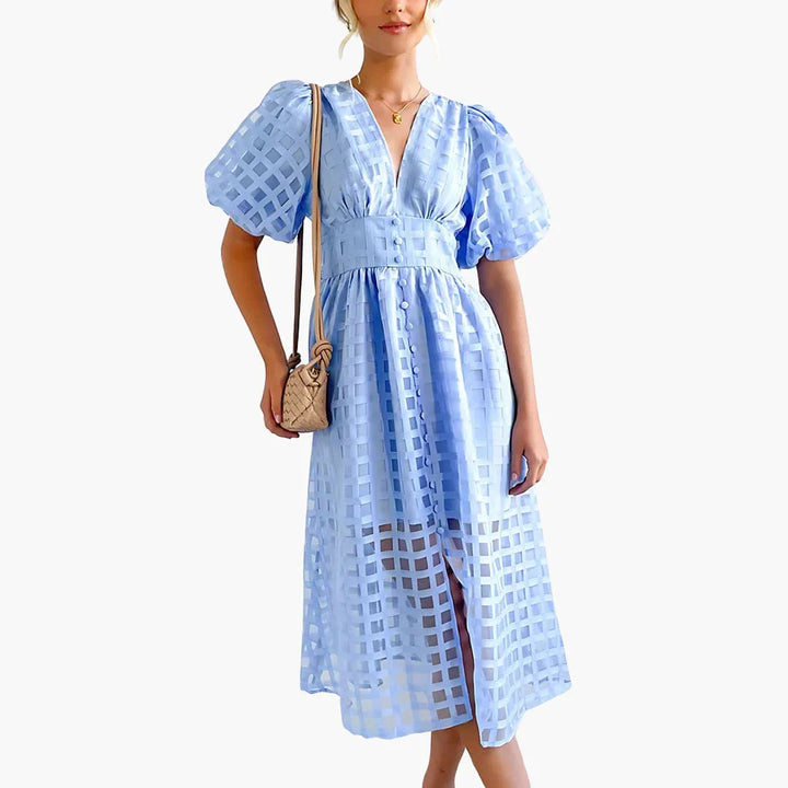 Elsie | Classic Puff Sleeve Grid Lace Midi Dress for Races Dresses