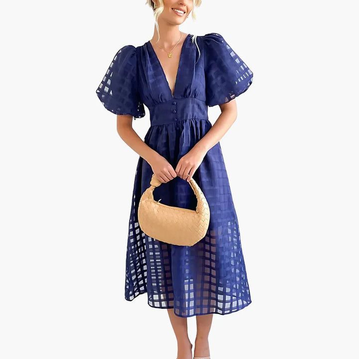 Elsie | Classic Puff Sleeve Grid Lace Midi Dress for Races Dresses