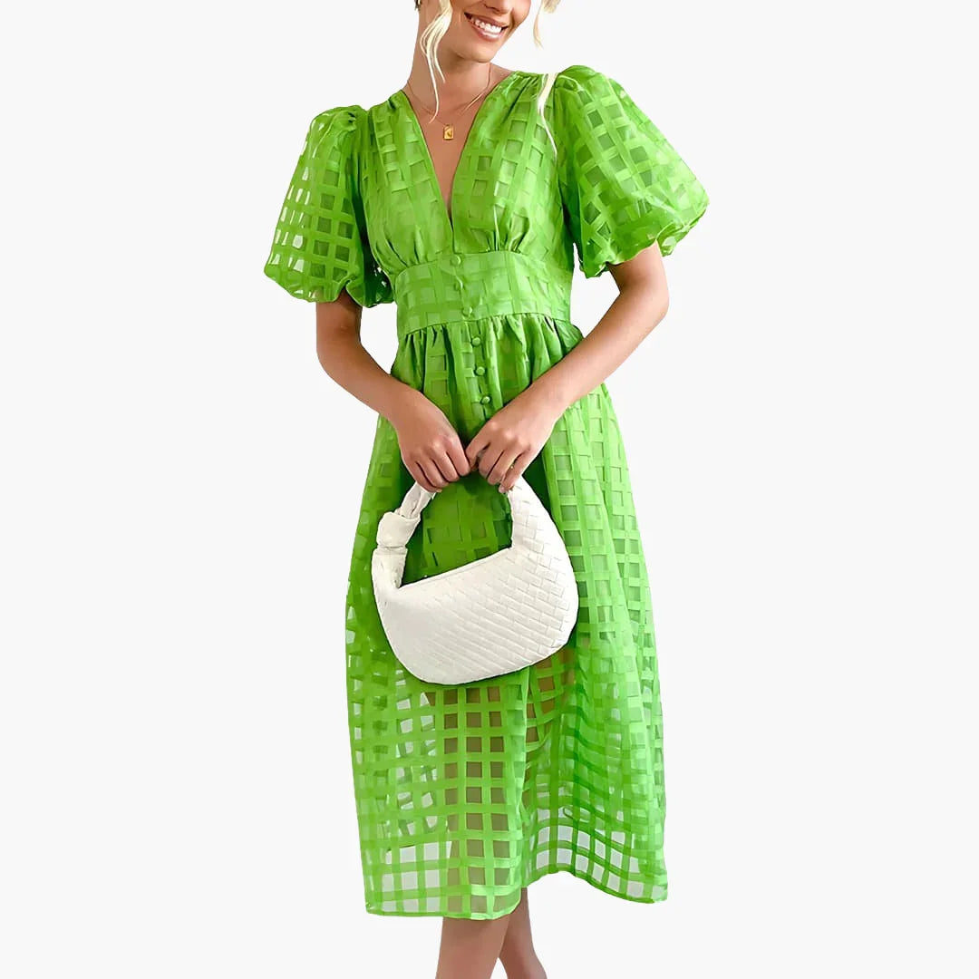Elsie | Classic Puff Sleeve Grid Lace Midi Dress for Races Dresses