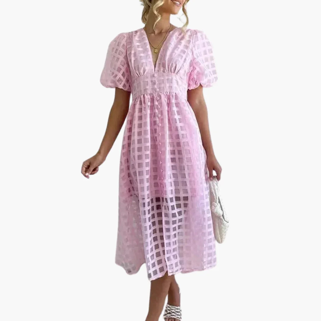 Elsie | Classic Puff Sleeve Grid Lace Midi Dress for Races Dresses