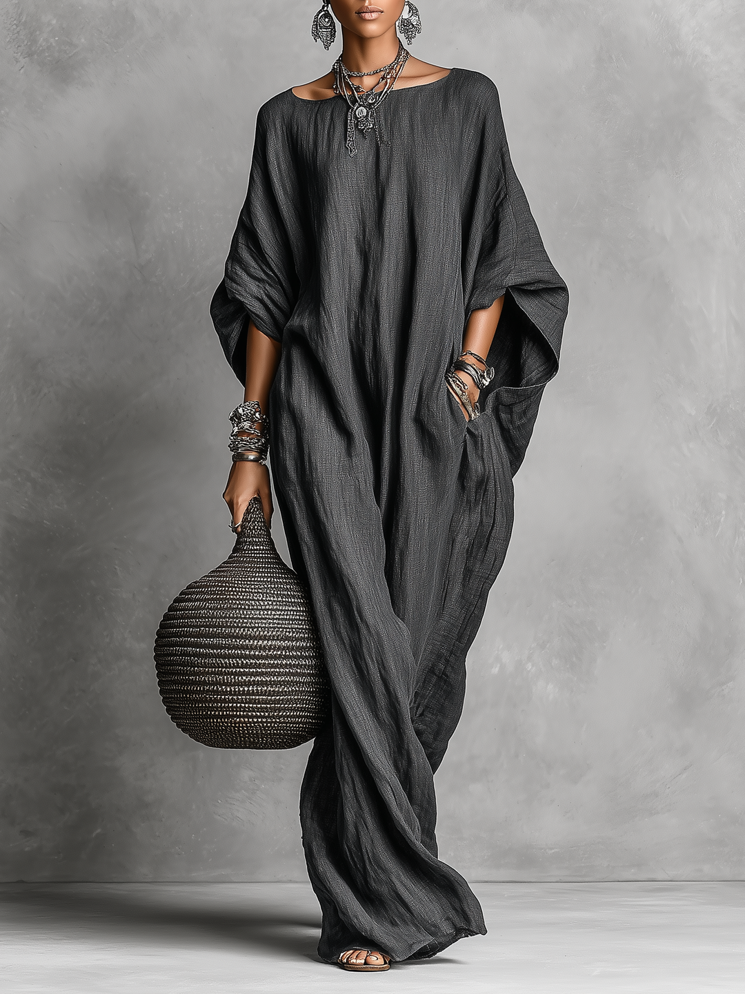 Elsie | Relaxed Batwing Sleeve Maxi Linen Dress Women