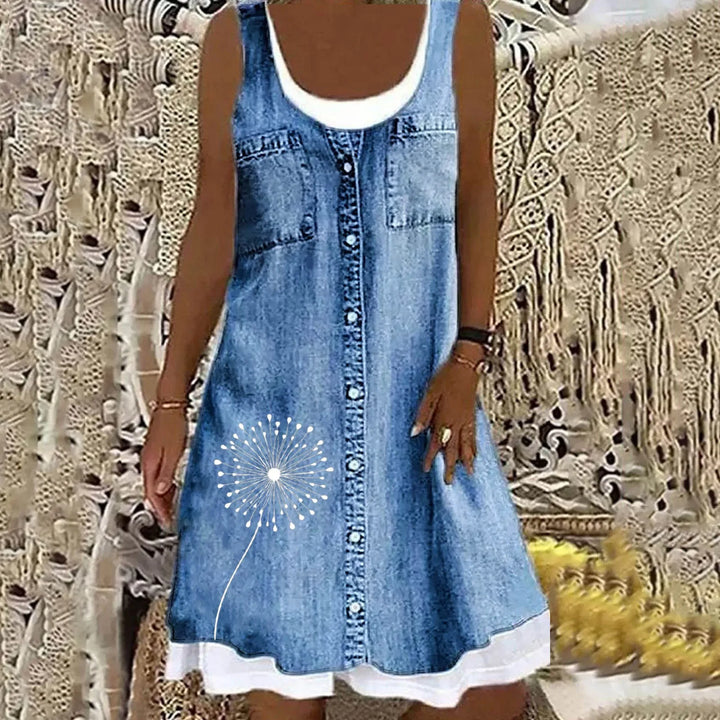 Elsie | Relaxed Sleeveless Denim Dress with Floral Print