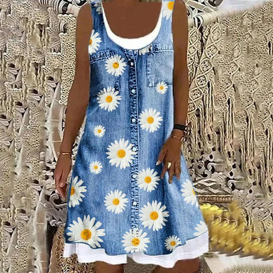 Elsie | Relaxed Sleeveless Denim Dress with Floral Print