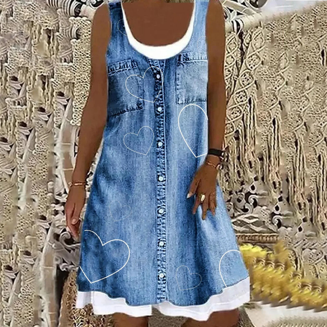 Elsie | Relaxed Sleeveless Denim Dress with Floral Print