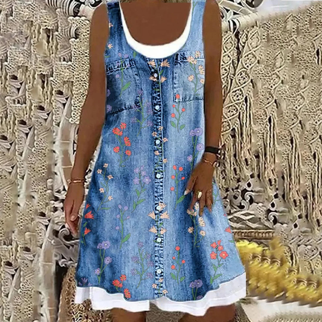 Elsie | Relaxed Sleeveless Denim Dress with Floral Print