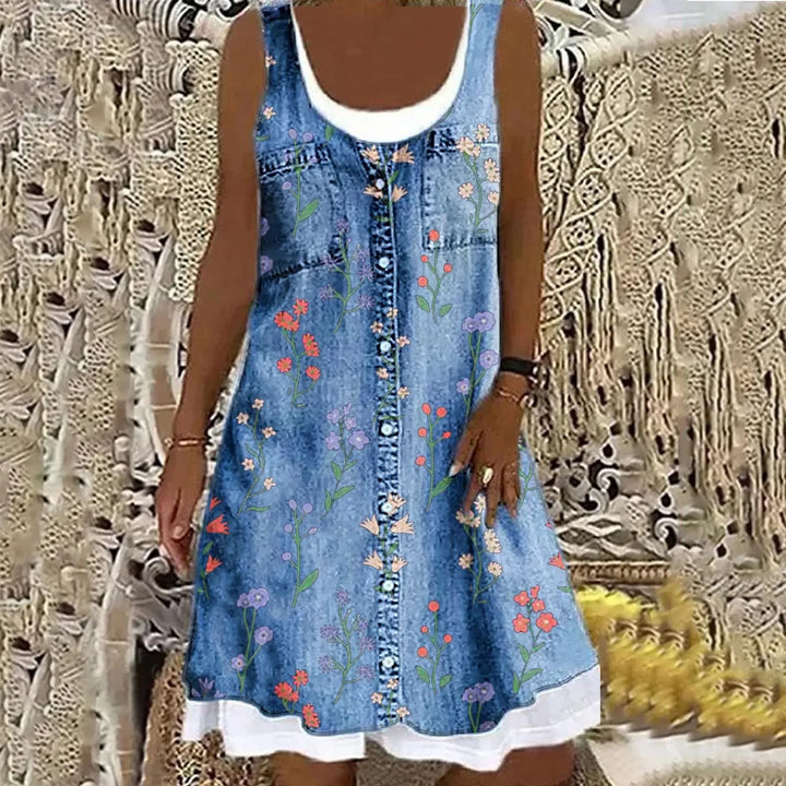 Elsie | Relaxed Sleeveless Denim Dress with Floral Print