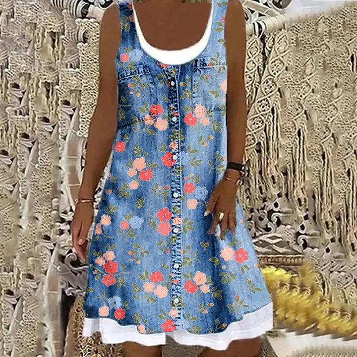 Elsie | Relaxed Sleeveless Denim Dress with Floral Print