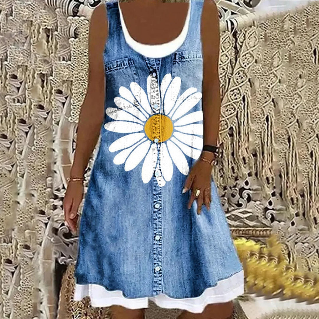 Elsie | Relaxed Sleeveless Denim Dress with Floral Print