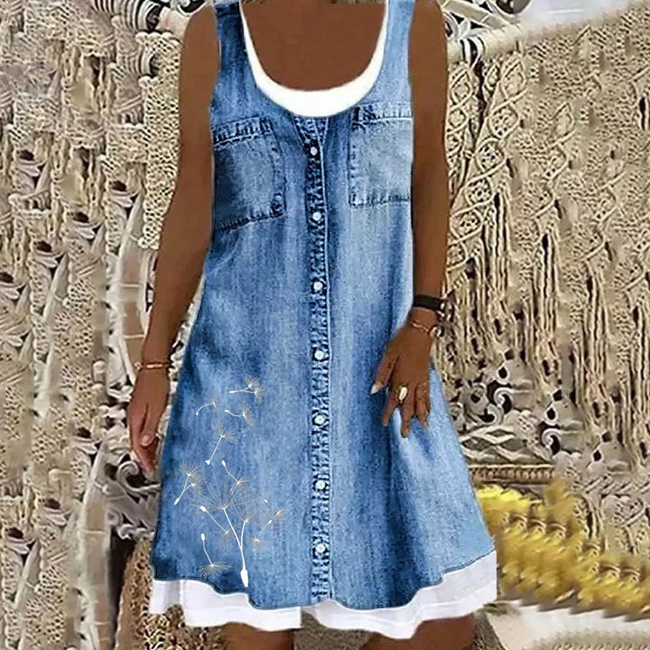 Elsie | Relaxed Sleeveless Denim Dress with Floral Print