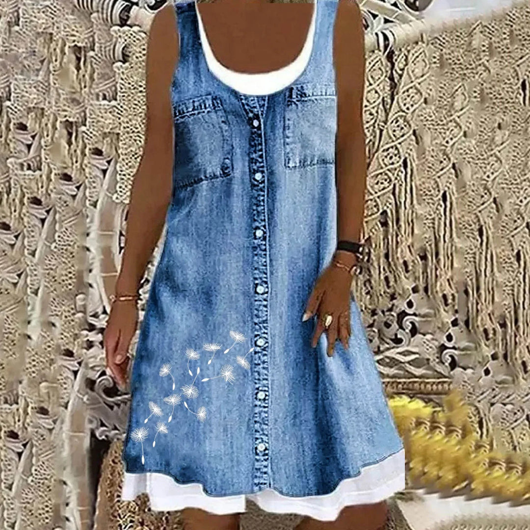 Elsie | Relaxed Sleeveless Denim Dress with Floral Print