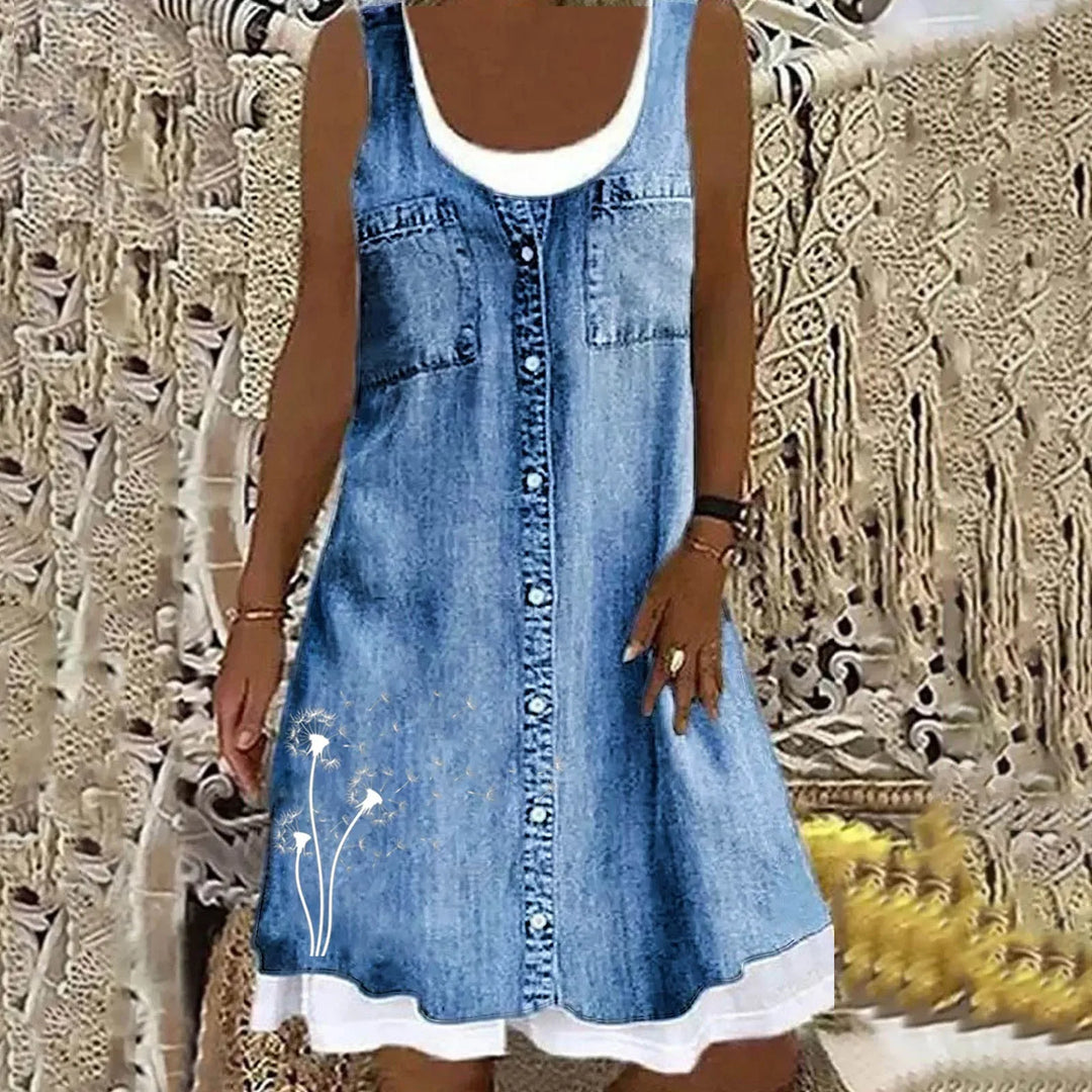 Elsie | Relaxed Sleeveless Denim Dress with Floral Print