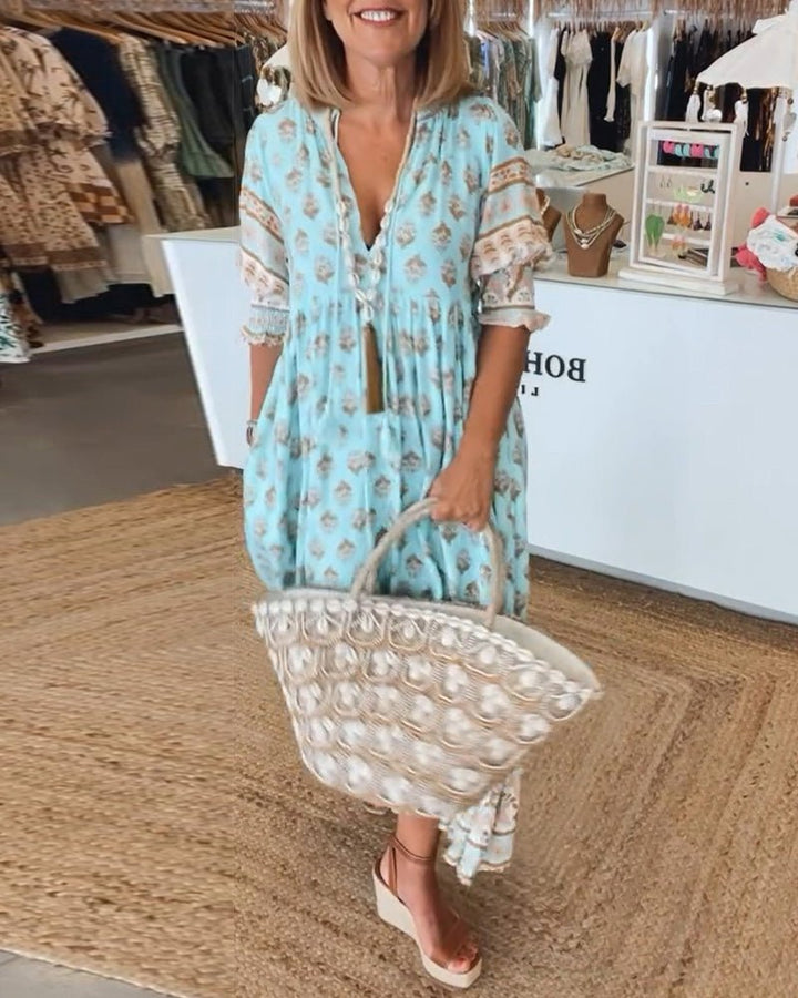 Elsie | Sophisticated V-Neck Tiered Linen Dress